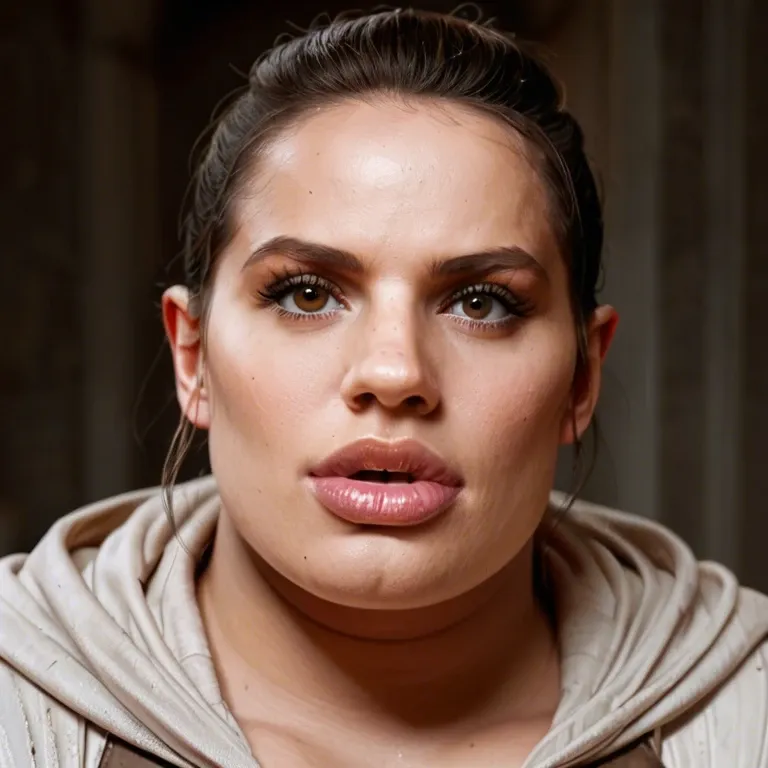 anthro, hyper lips, thick lips, long lips, long face, transformation, lip creature, daisy Ridley, rey skywalker, obasan body type, wide nose, snout, big brown eyes, obese, overweight