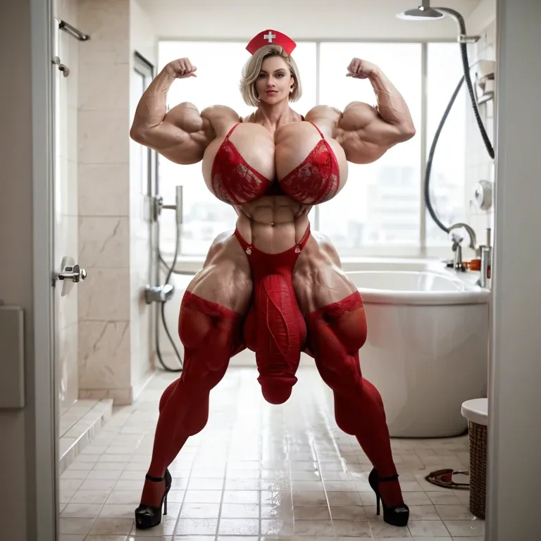 Powergirl, hyper massive muscles female, massive muscles buff, hyper gigantic massive muscles mass, hyper gigantic muscles Body, pectorales, pecs, nurse red lingerie Print Stockings, bathroom, futa bigger long cock bulge