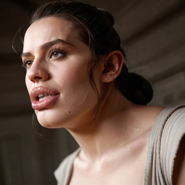 anthro, hyper lips, thick lips, long lips, long face, transformation, lip creature, daisy Ridley, rey skywalker, obasan body type, wide nose, snout, big brown eyes, obese, overweight