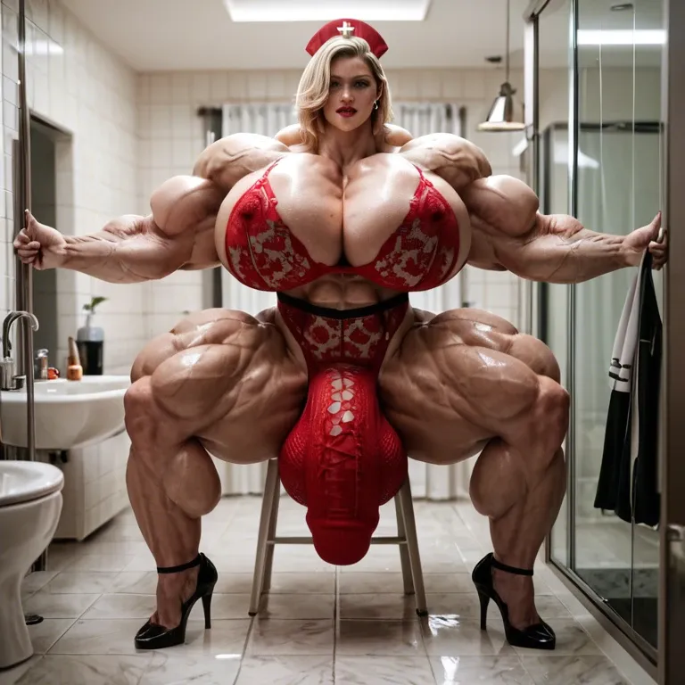 Powergirl, hyper massive muscles female, massive muscles buff, hyper gigantic massive muscles mass, hyper gigantic muscles Body, pectorales, pecs, nurse red lingerie Print Stockings, bathroom, futa bigger long cock bulge