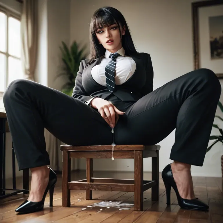 fat futanari, black long hair and bangs, dressed in black buttoned-up suit with tie, ironed long wide trousers, black high heels, sitting on a chair, spread legs, masturbating, cum dripping, cumshot, classroom