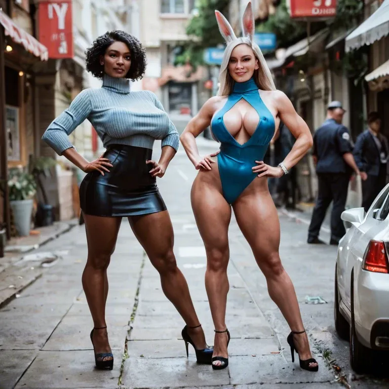 2girl, , , , molest,black high heel,huge boobs,big perky boobs,blue turtleneck, large boob slip,hands on hips,perky boobs,rabbit,dark-skinned, crop top,white pantyhose,latex gloves,blue panties,sandals, costume,gold anklets,fur hat,pink leotard,brown boots, piledriver, painted, dark grey eyes, belle, ariel waifu