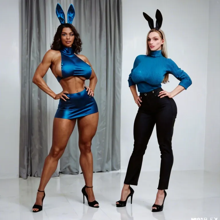 2girl, , , , molest,black high heel,huge boobs,big perky boobs,blue turtleneck, large boob slip,hands on hips,perky boobs,rabbit,dark-skinned, crop top,white pantyhose,latex gloves,blue panties,sandals, costume,gold anklets,fur hat,pink leotard,brown boots, piledriver, painted, dark grey eyes, belle, ariel waifu