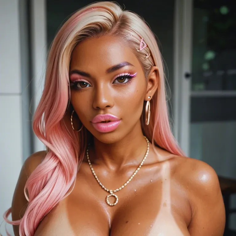 hyper lips, thick lips, japanese, kuro gyaru, dark spray tan, white eyeshadow, pink lipstick, obasan body type, big brown eyes, white pink hair, naked, tan lines