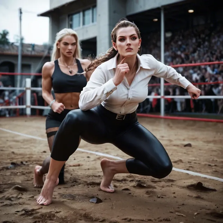 2 women, dressed, barefoot, fighting, winner impose feet sniffing