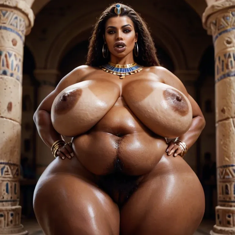 hyper lips, thick lips, bimbo lips, egyptian, dark brown lips, sagging breasts, brown skin, brown eyes, hairy pussy, belly hair, fat belly, obese, wide hips, hyper thighs