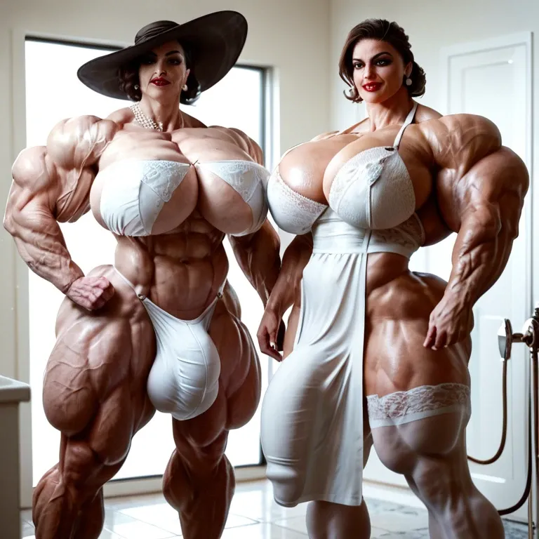 alcina dimitrescu, hyper massive muscles female, massive muscles buff, hyper gigantic massive muscles mass, hyper gigantic muscles Body, pectorales, pecs, nurse lingerie Print Stockings, bathroom, futa bigger long cock bulge