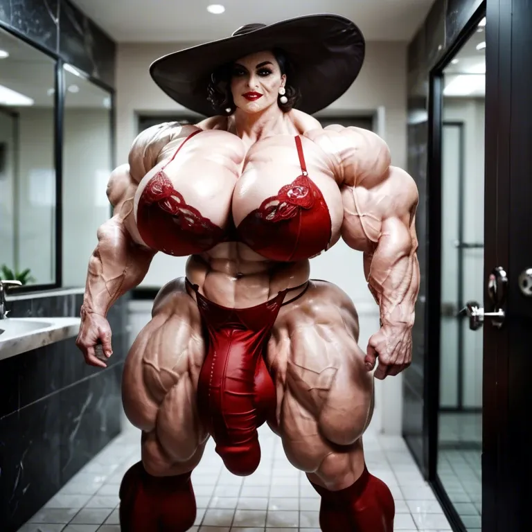 alcina dimitrescu, hyper massive muscles female, massive muscles Buffet, hyper gigantic massive muscles mass, hyper gigantic muscles Body, pectorales, pecs, nurse red lingerie Print Stockings, bathroom, futa bigger long cock bulge