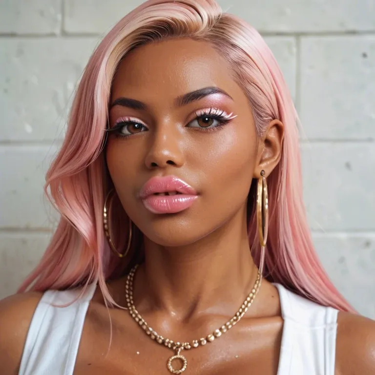 hyper lips, thick lips, japanese, kuro gyaru, dark spray tan, white eyeshadow, pink lipstick, obasan body type, big brown eyes, white pink hair