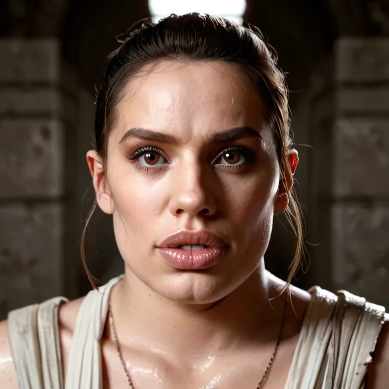 anthro, hyper lips, thick lips, long lips, long face, transformation, lip creature, daisy Ridley, rey skywalker, obasan body type, wide nose, snout, big brown eyes, obese, overweight, sagging breasts, wide hips, hyper thighs