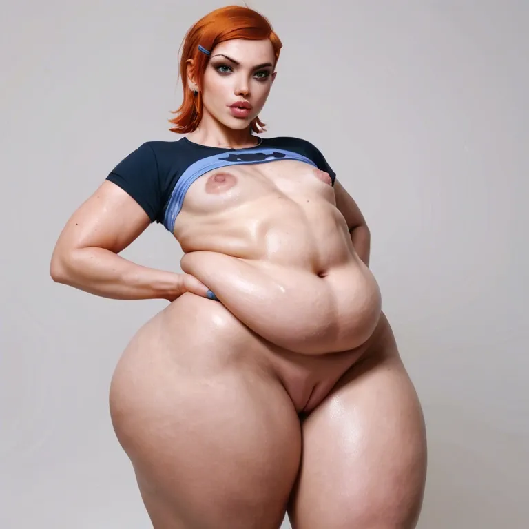 realistic, Gwen Tennyson Ben 10, flat chest, flat breasts, hyper wide nipples, obese, hyper lips, thick lips, wide hips, hyper thighs, hyper pussy  fat mons