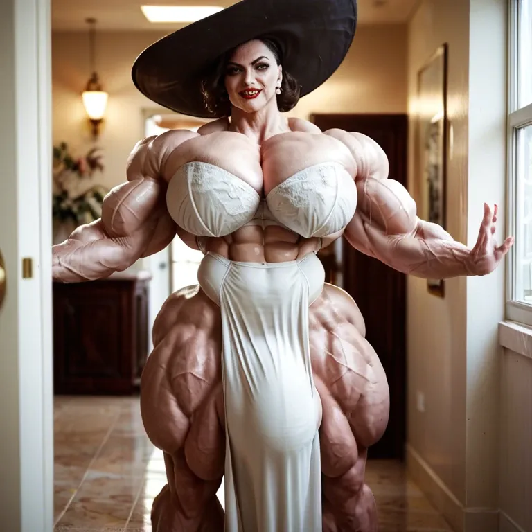 alcina dimitrescu, hyper massive muscles female, massive muscles buffet, hyper gigantic muscles, hyper gigant muscles, hyper giant muscles, hyper muscle tank, pectorales, lingerie stockings, bigger Futanari Cock bulge, bathroom