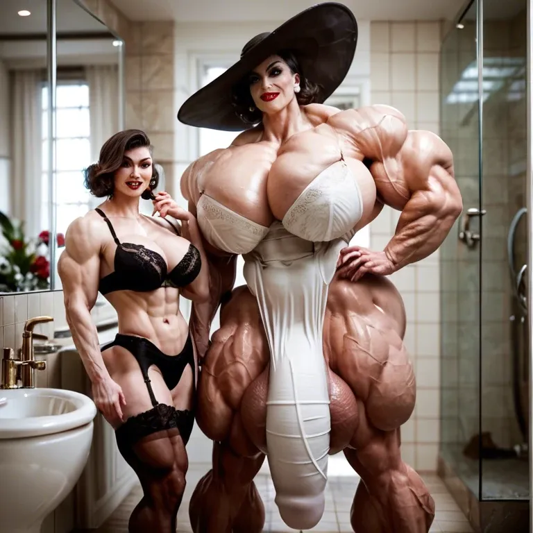 alcina dimitrescu, hyper massive muscles female, massive muscles buffet, hyper gigantic muscles, hyper gigant muscles, hyper muscle tank, pectorales, lingerie stockings, bigger Futanari Cock bulge, bathroom