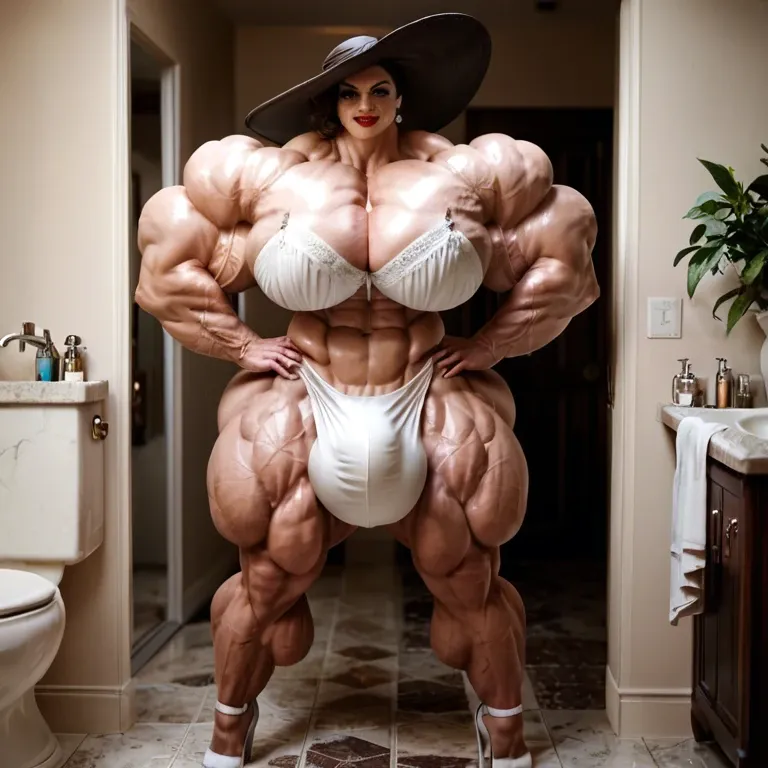 alcina dimitrescu, hyper massive muscles female, massive muscles buffet, hyper gigantic muscles, hyper gigant muscles, hyper giant muscles, hyper muscle tank, pectorales, lingerie stockings, bigger Futanari Cock bulge, bathroom