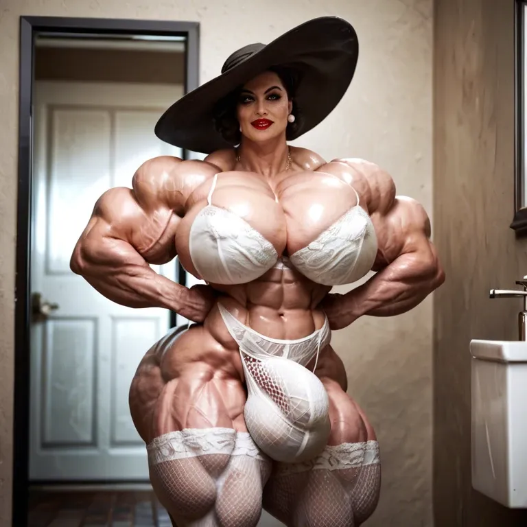 alcina dimitrescu, hyper massive muscles female, massive muscles buffet, hyper gigantic muscles, hyper gigant muscles, hyper giant muscles, hyper muscle tank, pectorales, lingerie stockings, bigger Futanari Cock bulge, bathroom