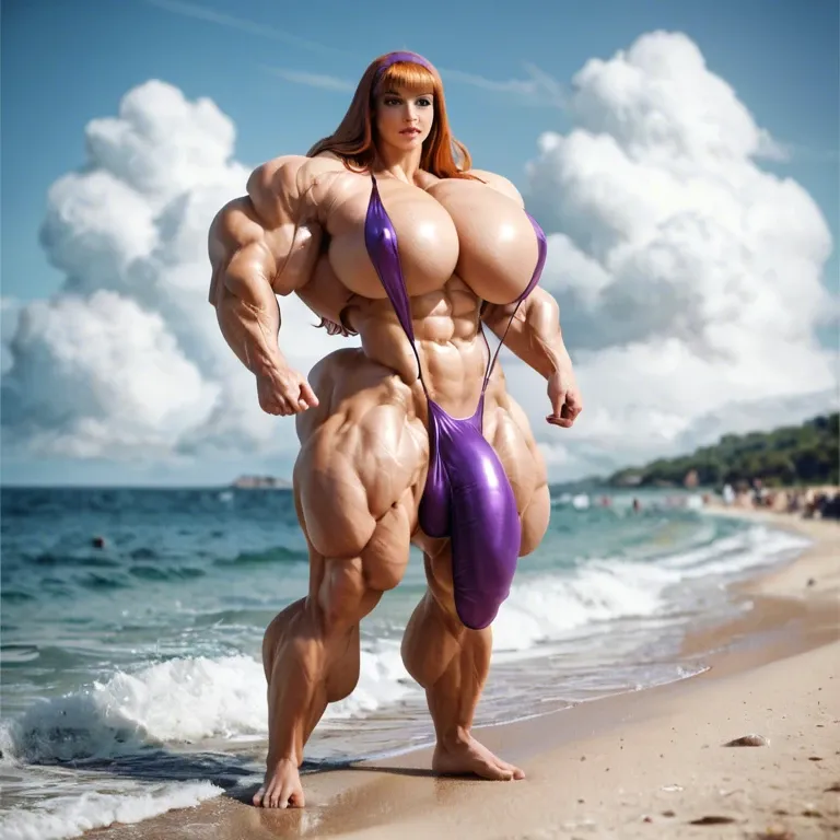 Daphne Blake, hyper massive muscles female, massive muscles buffet, hyper gigantic muscles mass, hyper gigant muscles body, hyper giant muscles, hyper muscle tank, pectorales, bigger Futanari Cock bulge, sling bikini, beach