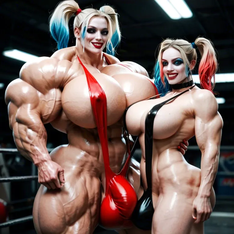 harley quinn, hyper massive muscles female, massive muscles buffet, hyper gigantic muscles mass, hyper gigant muscles body, hyper giant muscles, hyper muscle tank, pectorales, pecs, big Futanari Cock bulge, sling bikini, beach