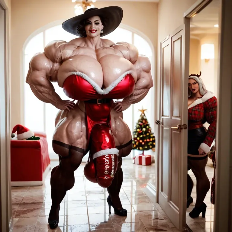 alcina dimitrescu, hyper massive muscles female, massive muscles buffet, hyper gigantic muscles mass, hyper gigant muscles body, hyper giant muscles, big breasts, biggest Futanari Cock bulge, stockings Christmas, bathroom