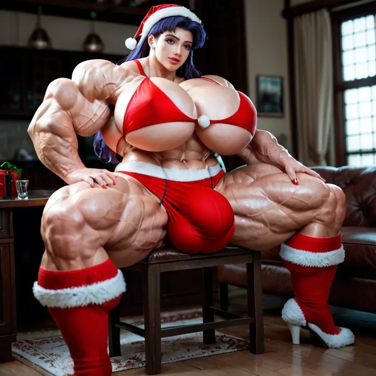 Misato Katsuragi, hyper massive muscles female, massive muscles buffet, hyper gigantic muscles mass, hyper gigant muscles body, hyper giant muscles, hyper muscle, pectorales, big Futanari Cock bulge, santa Print Stockings, home