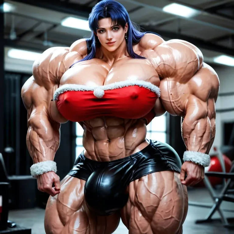 Misato Katsuragi, hyper massive muscles female, massive muscles buffet, hyper gigantic muscles mass, hyper gigant muscles body, hyper giant muscles, hyper muscle tank, pectorales, big Futanari Cock bulge, santa Print Stockings, home