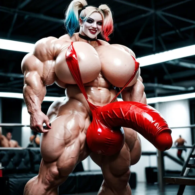 harley quinn, hyper massive muscles female, massive muscles buffet, hyper gigantic muscles mass, hyper gigant muscles, hyper giant muscles, hyper muscle tank, pectorales, pecs, big Futanari Cock bulge, sling bikini, beach