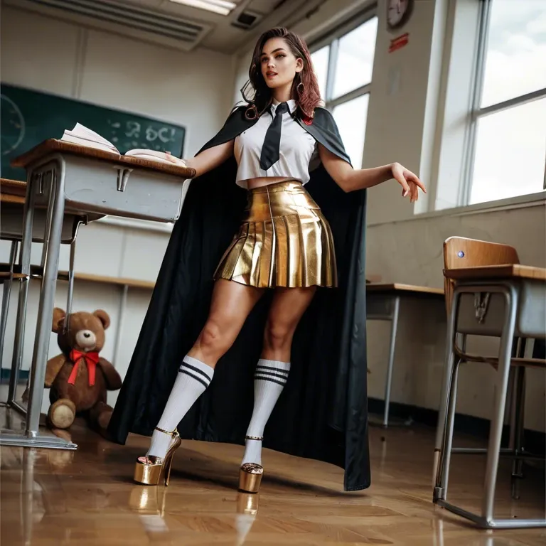 1girl,solo, , , , dimples,on tiptoe,perky tits,worship,gold anklets, taut skirt,socks,cape,teddy,platform heels, in classroom, spaceship, smartwatch, digital art, dark alley, wonder woman, waifu