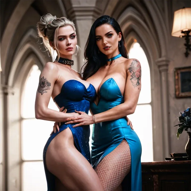 2girl, , , , nose ring,bodycam footage,huge boobs,waist grab,shoulder tattoo, strong jaw,leg up,firm breasts,backlit,off shoulders, blue dress,fishnets,linked collars,leotard,strappy sandals, robe,fishnet thighs,circle glasses,pink leotard,stiletto heels, bathroom, trained thighs, medieval theme, multiple dildos, dildo in pussy, cute anime face, well-lit, spider-gwen, waifu