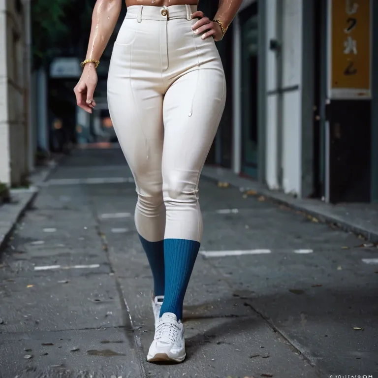 1girl,solo, , , , rosy cheeks,perfect feet,round big tits,waist grab,very pale skin, white pants,socks,gold choker,wet bra,running shoes, taut skirt,blue stockings,black gloves,string bodysuit,black sneakers, baroque, subway, spaceship, rope, anime a, bright colors, super mario, wonder woman, dynamic angle