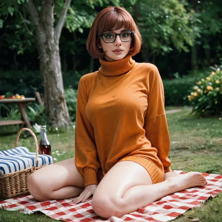 Velma from scooby doo sitting on a blanket having a picnic in a park