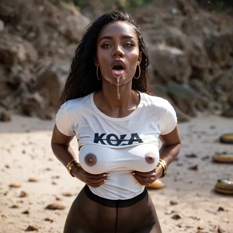 1girl,solo, , , , nose,toes,round big tits,waist grab,dark grey skin, kaa eyes,forearm,areola,round hips,throat, plain t-shirt,black pantyhose,bracelets,panties aside,black sneakers, lifting skirt,gold stockings,cotton panties,white bra,running shoes, hotel room, forest, spaceship, computers, robot body, super detailed, dark skinned, 2 boys, rapunzel waifu