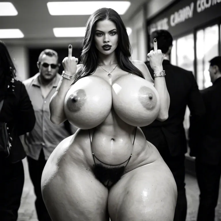 Bright exposition, contrast, black and white drawing, realistic, bimbo, brunette, gigantic hips, gigantic thighs, gigantic ass, hairy pussy, clear eyes, front view, wide shot, standing, middle finger