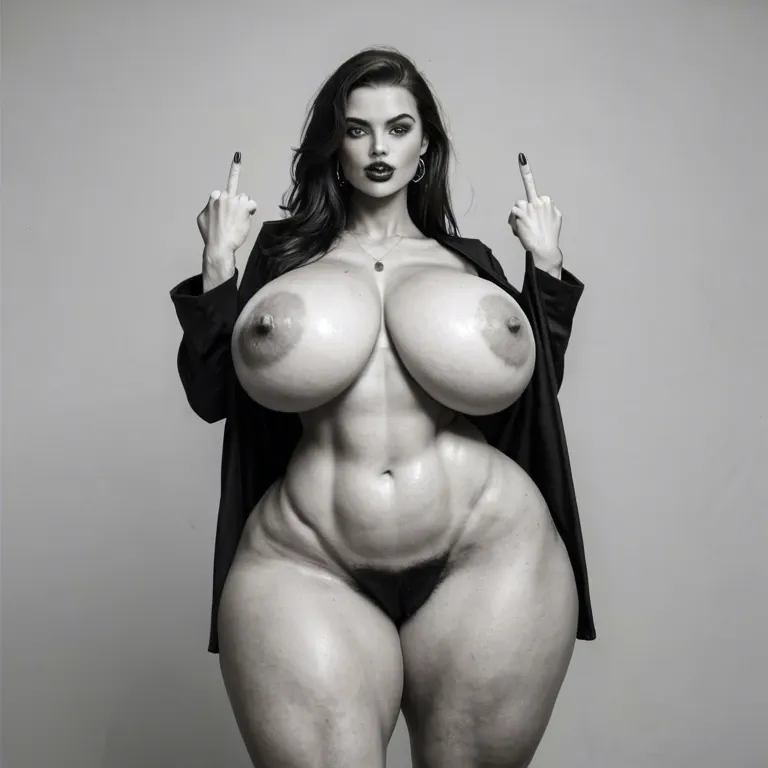 Bright exposition, contrast, black and white drawing, realistic, bimbo, brunette, gigantic hips, gigantic thighs, gigantic ass, hairy pussy, clear eyes, front view, wide shot, standing, middle finger