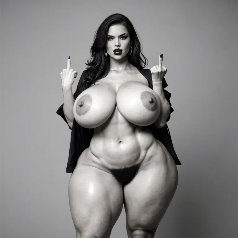 Bright exposition, contrast, black and white drawing, realistic, bimbo, brunette, gigantic hips, gigantic thighs, gigantic ass, hairy pussy, clear eyes, front view, wide shot, standing, middle finger