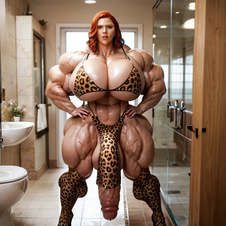 Scarlett Johansson black widow,  hyper massive muscles female, massive muscles buffet, hyper gigantic massive muscles mass, hyper gigantic muscles body, pectorales, pecs female, Leopard Print Stockings,  futa bigger cock bulge, bathroom