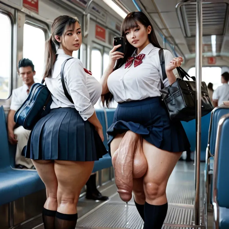 10 females,japanese,1 futanari, hyper penis, hyper balls,flaccid,leaking precum,  standing,looking at phone, carrying schoolbag,crowded train,schoolgirl uniform ,plump ,huge ass, very wide hips, thick thighs, huge breasts ,breasts bigger than head,  full body view ,side view