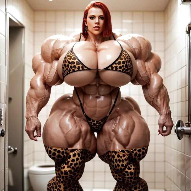 Scarlett Johansson black widow,  hyper massive muscles female, massive muscles buffet, hyper gigantic massive muscles mass, hyper gigantic muscles, hyper gigant muscles, hyper muscle tank, pectorales, pecs female, Leopard Print Stockings lingerie, bathroom, futa Bigger cock bulge