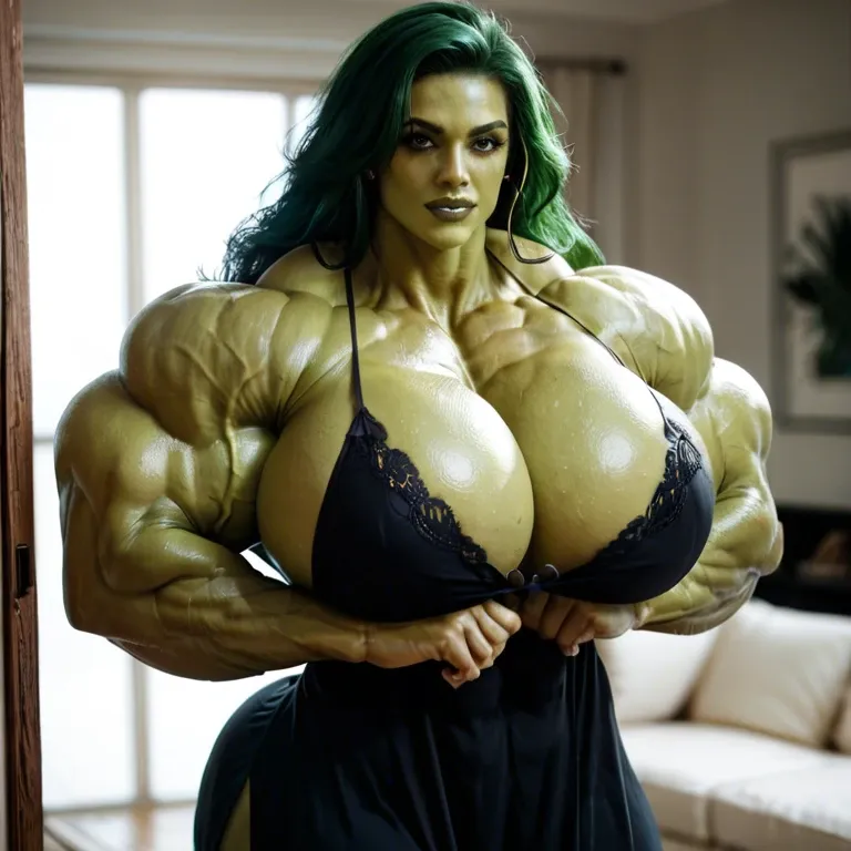 She hulk, hyper massive muscles female, massive muscles buff, hyper gigantic massive muscles mass, hyper gigantic muscles, hyper gigant muscles, breasts, chemise et pantalon