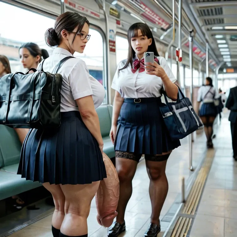 10 females,japanese,1 futanari, hyper penis, hyper balls,flaccid,leaking precum,  standing,looking at phone, carrying schoolbag,crowded train,schoolgirl uniform ,plump ,huge ass, very wide hips, thick thighs, huge breasts ,breasts bigger than head,  full body view ,side view