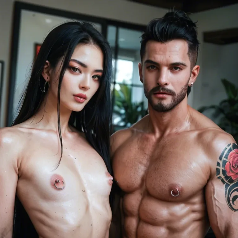 2 people male; photo-realistic; nude girl, clit pierced, nipples pierced, tattoos on body. full viewPhoto realistic; 18+ petite korean girl,  long black hair, muscular nude body, flat chest, nipple piercing,  tight pussy, labia, clit piercing,  tattoos, front view,  standing in bedroom, full view, wide view(photo-realistic,ultra realistic 8k CG:1.2),perfect artwork,delicate pattern, Caucasian male Sumari, black hakama outfit, ninja, holding japanese sword, muscular male, dragon tattoos, nipple piercing , blonde hair, full view, extremely Long Large Erect Massive Cock erection  ------------------------------- (silk Ribbon in front,thin cloth:1.3),earrings,filigree,detached sleeves,wide sleeves,  ------------------------------- (horizon,longView,distant,Leaves and plant in front:1.2),(dark background:1.2), -------------------------------  (hair ornament,forehead mark,cowboy shot,silver trim,high ponytail, metal trim,bra,see-through:1.3),(dark sky:1.3),  standing in dojo