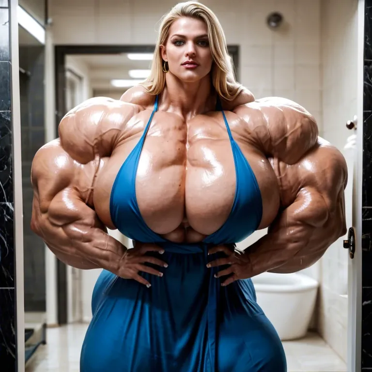 Supergirl, hyper massive muscles female, massive muscles buff, hyper gigantic massive muscles mass, hyper gigantic muscles, hyper gigant muscles, hyper muscle tank, pectorales, robe, bathroom