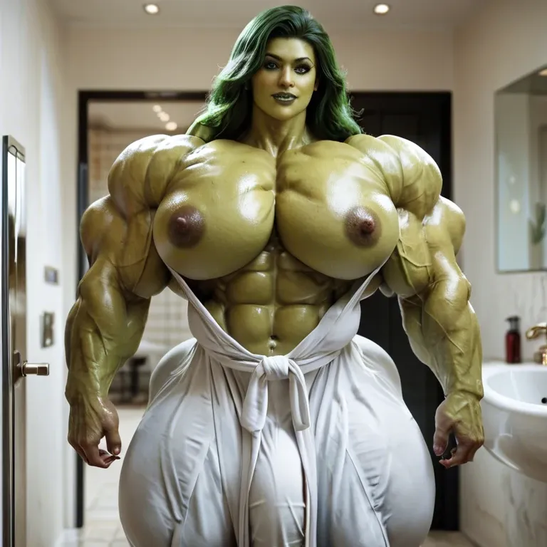 She hulk, hyper massive muscles female, massive muscles buff, hyper gigantic massive muscles mass, hyper gigantic muscles, hyper gigant muscles, hyper muscle tank, pectorales, robe, bathroom, futa