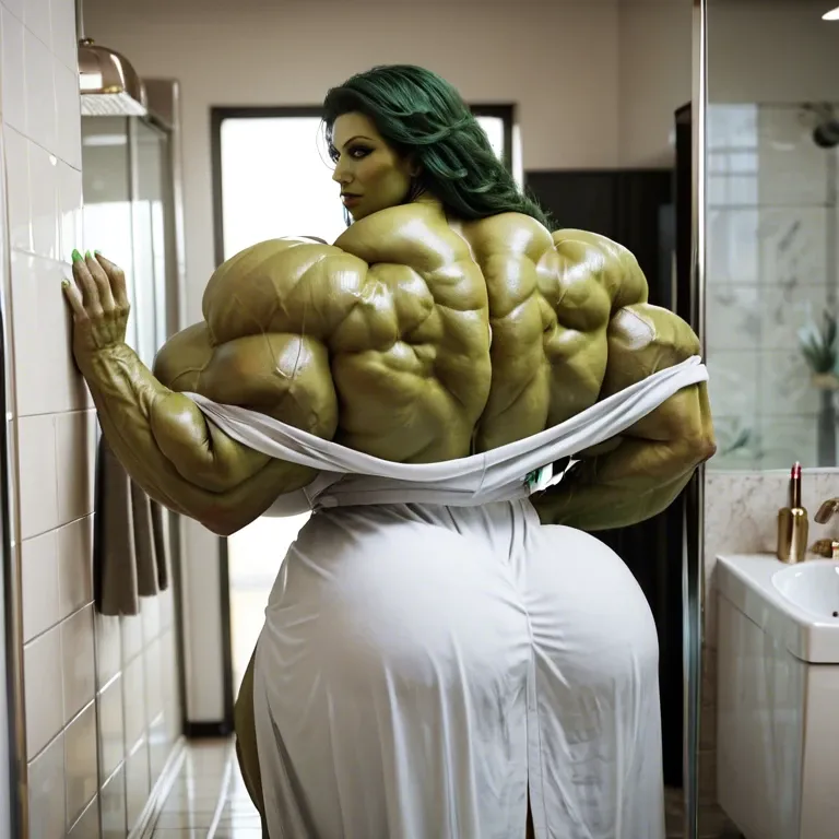 She hulk, hyper massive muscles female, massive muscles buff, hyper gigantic massive muscles mass, hyper gigantic muscles, hyper gigant muscles, breasts, robe, bathroom