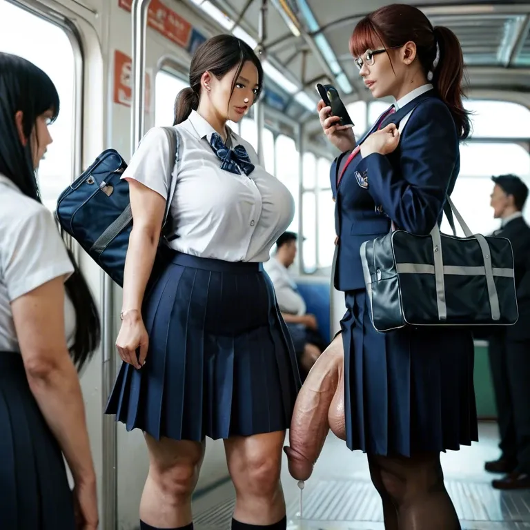 10 females,japanese,1 futanari, hyper penis, hyper balls,flaccid,leaking precum,  standing,looking at phone, carrying schoolbag,crowded train,schoolgirl uniform ,plump ,huge ass, very wide hips, thick thighs, huge breasts ,breasts bigger than head,  full body view ,side view