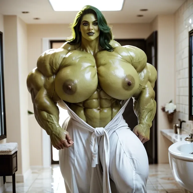 She hulk, hyper massive muscles female, massive muscles buff, hyper gigantic massive muscles mass, hyper gigantic muscles, hyper gigant muscles, hyper muscle tank, pectorales, robe, bathroom