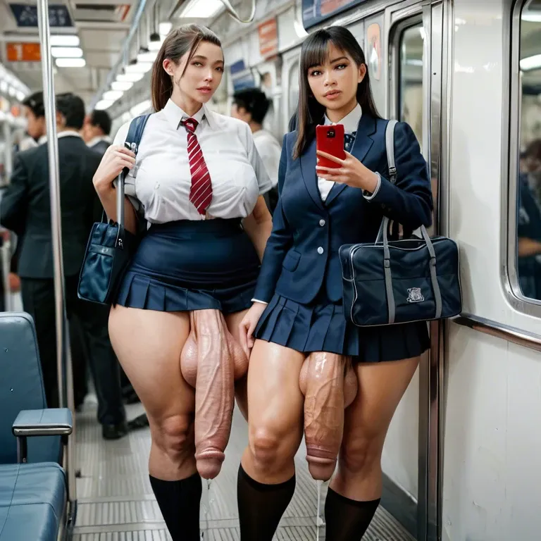 10 females,japanese,1 futanari, hyper penis, hyper balls,flaccid,leaking precum,  standing,looking at phone, carrying schoolbag,crowded train,schoolgirl uniform ,plump ,huge ass, very wide hips, thick thighs, huge breasts ,breasts bigger than head,  full body view ,side view