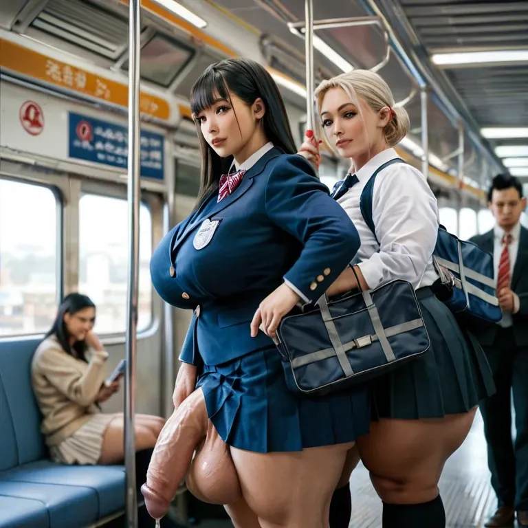 10 females,japanese,1 futanari, hyper penis, hyper balls,flaccid,leaking precum,  standing,looking at phone, carrying schoolbag,crowded train,schoolgirl uniform ,plump ,hyper ass, very wide hips, thick thighs, huge breasts ,breasts bigger than head,  full body view ,side view