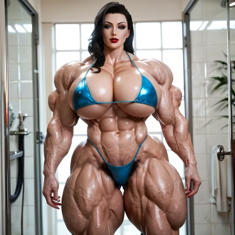 Asami Sato, hyper massive muscles female, massive muscles buffet, hyper gigantic muscles mass, hyper gigant muscles, hyper giant muscles, hyper muscle tank, pectorales, hot micro bikini, big hairy pussy, bathroom, futa