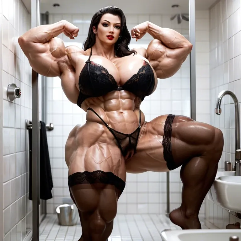 Asami Sato, hyper massive muscles female, massive muscles buffet, hyper gigantic muscles mass, hyper gigant muscles, hyper giant muscles, hyper muscle tank, pectorales, Black Lingerie and Stockings, big hairy pussy, bathroom