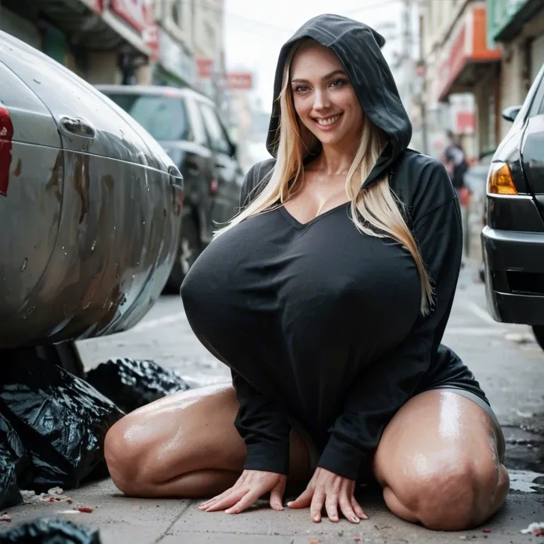 Blonde long hair, black sweatshirt hood, happy smile, dump garbage, garbage, trashed, on knees, face smeared with smegma, boobs smeared with smegma, curvy figure, hood, hyper breasts, hyper biggest breasts, Teth smeared with smegma, hands behind head, hyper nipples, tongue smeared with smegma, legs up, lactation