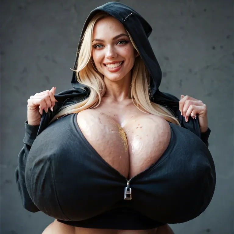 Blonde long hair, black sweatshirt hood, happy smile, face smeared with smegma, boobs smeared with smegma, curvy figure, hood, hyper breasts, hyper biggest breasts, Teth smeared with smegma, hands behind head, hyper nipples, tongue smeared with smegma, legs up, lactation